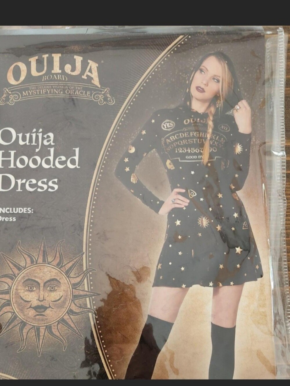 Spirit Halloween Hooded Black Dress with Gold Stars Costume